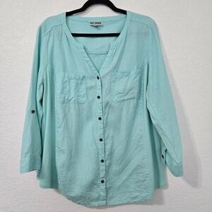 JM Collection 16W Button Down Shirt Roll Tab‎ Sleeves Linen Cotton Casual Top